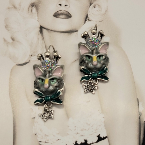 Vintage Estate Collectible Signed Kirks Folly Princess Kitty Silver Earrings - Picture 9 of 11